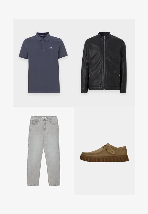Čierna kožená bunda s vysokým golierom, vertikálnymi zipsami, prešívanými ramennými akcentami a bočnými vreckami. Hladký, matný povrch.; Námornícka polo košeľa z bavlneného zmesi s dvoma gombíkmi, krátkymi rukávmi a malým vyšitým logom na ľavom prsníku.; Svetlošedé denimové nohavice s rovným strihom, piatimi vreckami a zapínaním na gombík. Viditeľné švy pozdĺž švov.; Svetlohnedé semišové topánky s okrúhlym špičkou, prešitou detailnou úpravou a ribbovanou hnedou gumovou podrážkou. Obsahujú bočný štítok s logom "Clarks".
