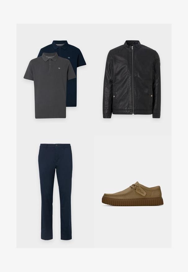 Fekete bőrdzseki magas gallérral, függőleges cipzárokkal, steppelt vállrész díszítéssel és oldalsó zsebekkel. Simább, matt textúrájú.; Két pólóing egy csomagban: egy sötétszürke és egy sötétkék, mindkettő sima pamutból készült, klasszikus gallérral és logóval a mellrészen.; Sötét tengerészkék chinos nadrág sima anyagból. Egyenes szárú kialakítás, egy gombos zárással és övhurkokkal. Látható minták vagy kiegészítők nélkül.; Világosbarna velúr cipők, lekerekített orral, díszített varrással és bordás barna gumi talppal. Az oldalon található egy címke a "Clarks" logójával.