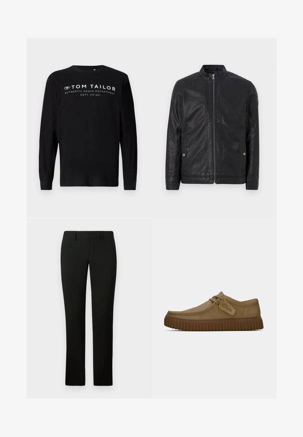 Svart lærjakke med høy krage, vertikale glidelåser, kviltede skulderdetaljer og sidelommer. Glatt, matt tekstur.; Svart langermet T-skjorte laget av bomull, har rund hals og hvit tekst med merket "TOM TAILOR AUTHENTIC DENIM DEPARTMENT" på fronten.; Svarte bukser med tilpasset passform, med en jevn tekstur og rette ben. Livremmen har beltestropper og en ren finish.; Lys brun semsket skinnsko med rundt tå, sydd detaljer og en ribbet brun gummisåle. Har en sideetikett med "Clarks"-logo.
