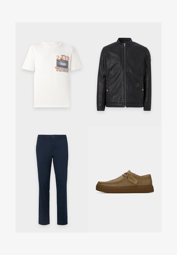Svart läderjacka med hög krage, vertikala dragkedjor, kviltade axelaccent och sidofickor. Slät, matt yta.; TOM TAILOR DENIM T-shirt med print - gardenia white; Mörk marinblå chinos i mjukt tyg. Rakt ben design med enstaka knappstängning och bälteshällor. Inga synliga mönster eller detaljer.; Ljust bruna mockaskor med rund tå, sydda detaljer och en ribbad brun gummisula. Har en sidetikett med "Clarks"-logotyp.