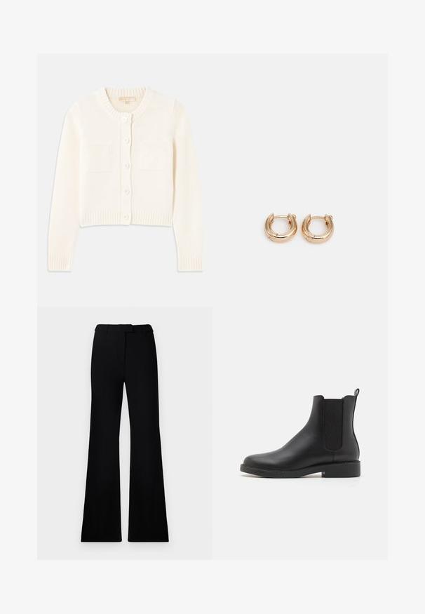 Sorte quilted jakke med hætte, der har en indsnævret talje, to frontlommer, guldsmykker og snore til justering.; Cremefarvet strikket cardigan med rund hals, fem knapper, ribbede manchetter og to frontlommer. Glat tekstur, cropped design.; Hvid ribbet tanktop med en scooped halsudskæring, lavet af blødt materiale. Designet har en tætsiddende form og en subtil struktur i stoffet.; Sorte flagrende bukser med en glat tekstur, skræddersyet talje og forlommer, designet med en slank, moderne silhuet.; Sort læder ankelstøvle med elastiske sidepaneler, rund tå, lav blokhæl og en hængetab på bagsiden for nem påtagning.; Guldøreringe med en poleret finish, der har et tykt, cirkulært design og en sikker lukkeanordning. Glat tekstur og skinnende udseende.