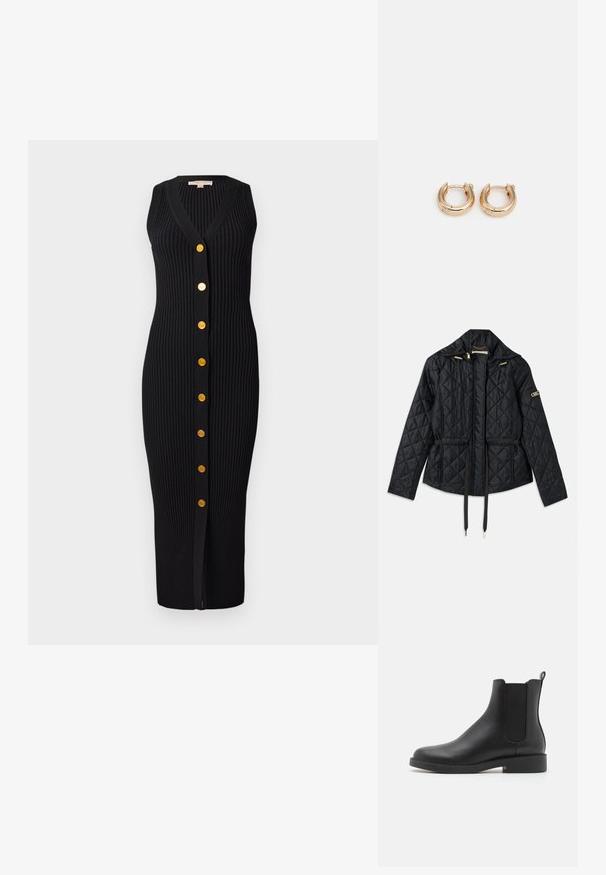 Chaqueta negra acolchada con capucha, que cuenta con una cintura ajustada, dos bolsillos frontales, detalles en dorado y cordones para ajuste.; Vestido de punto negro con canalé, escote en V, diseño sin mangas y botones dorados en la parte delantera, presentando una silueta ajustada.; Botín negro de cuero hasta el tobillo con paneles laterales elásticos, punta redondeada, tacón bajo y un tirador en la parte trasera para facilitar el calzado.; Pendientes de aro de oro con un acabado pulido, que presentan un diseño circular grueso y un mecanismo de cierre seguro. Textura suave y apariencia brillante.
