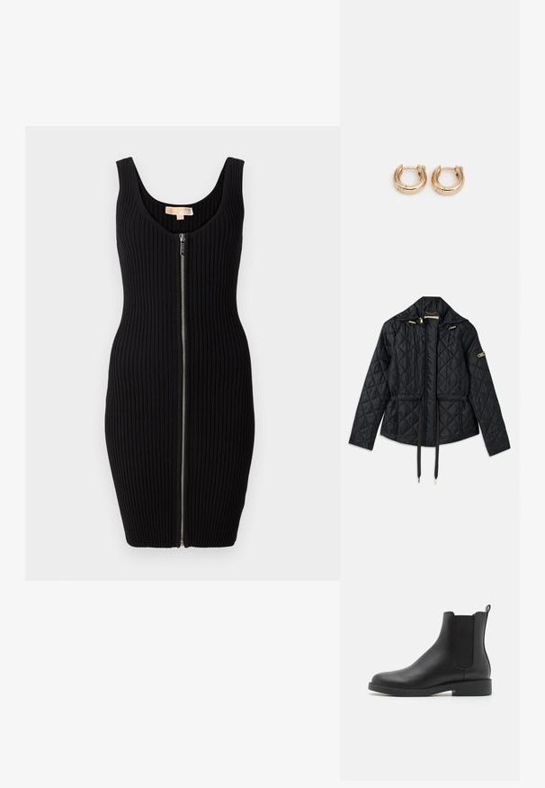 Mustmust õmmeldud jope kapuutsiga, millel on kitsenev vöökoht, kaks esikotina, kuldsed detailid ja reguleeritavad nööbid.; Mustmustriibuline kleit, millel on keha lähedane siluett, ümar kaelus ja eesmine tõmblukk. Sile tekstuur ja ilma varrukateta disain.; Must have mustanvarvas nahast ankle boot elastsete külgpaneelidega, ümmargune varvas, madal ploki konts ja tagaküljel tõmbeosa, mis teeb jalga panemise lihtsaks.; Kullatud rõngaste kõrvarõngad, millel on poleeritud viimistlus, pakuvad paksu ringikujulist disaini ja kindlat sulgemismehhanismi. Sile tekstuur ja läikiv välimus.