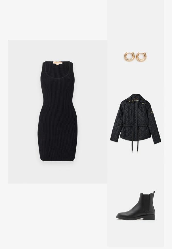 Fekete steppelt dzseki kapucnival, húzott derékkal, két elülső zsebből, aranyszínű fém kiegészítőkkel és állítható zsinórokkal.; Fekete bordázott ruha, testhez simuló sziluettel, kerek nyakkivágással és ujjatlan kivitelben. Simább textúra, amely alkalmas hétköznapi vagy félig formális viseletre.; Fekete bőr bokacsizma rugalmas oldalpanelekkel, lekerekített orral, alacsony tömbsarkal és hátul elhelyezett húzófüllel a könnyű felhúzáshoz.; Arany fülbevalók polírozott felülettel, vastag, kör alakú kialakítással és biztos zárómechanizmussal. Simább textúra és fényes megjelenés.