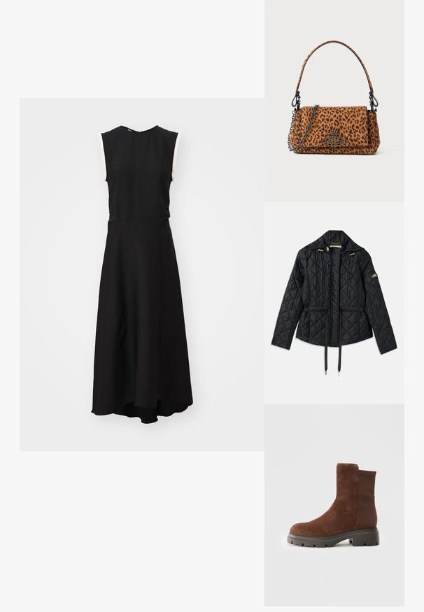 Melnā quiltota jaka ar kapuci, ar sašaurinātu jostasvietu, divām priekšējām kabatām, zelta aksesuāriem un regulējamām auklām.; Melna bez piedurknēm kleita ar pieguļošu augšu un izplestu svārku. Izgatavota no gludas auduma, ar noapaļotu dekoltē un diskretām sānu detaļām.; Brūnas zamša potītes ar elastīgām sānu paneļām, noapaļota purngalu un biezu gumijas zoli ar teksturētu zīmējumu.; Leoparda raksta roka somiņa, izgatavota no zamšādas, ar īsu rokturi, ķēdes siksnu un melnu metāla aizdari. Taisnstūra forma ar pārklājuma aizdari.