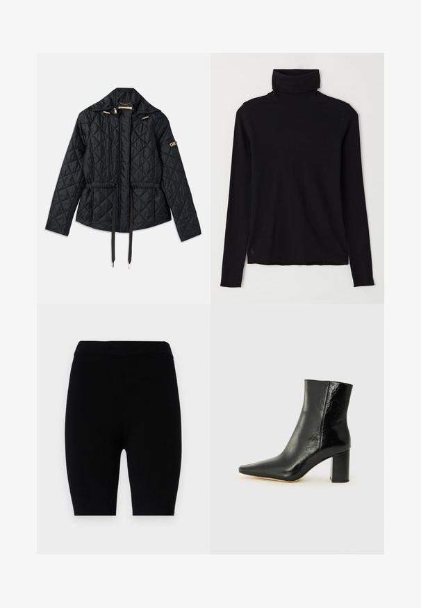 Juodas pagalvėlėmis siūtas džemperis su kapišonu, turintis susitraukiančią juosmenį, dvi priekinės kišenes, auksinius akcentus ir raištelius reguliavimui.; Juodas megztinis su aukšta apykakle, pagamintas iš raibų audinio. Ilgos rankovės, prigludusi konstrukcija ir šiek tiek laisvas apdaila be matomų raštų ar detalių.; Juodos tampraus audinio legginsai, turintys paprastą dizainą su elastingu juosmeniu ir vientisa spalva be raštų ar akcentų.; Juodos kulkšninių botai, pagaminti iš blizgaus odos, su smailiu nosiu ir storo kvadratinio kulno. Išsiskiria lygiu paviršiumi ir minimalizmo stiliumi.
