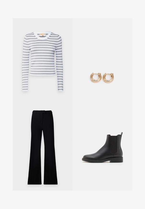 Sorte quilted jakke med hætte, der har en indsnævret talje, to frontlommer, guldsmykker og snore til justering.; Stribet langærmet top i grå og hvid, lavet af ribbet stof. Rund halsudskæring med solid hvid kant, tætsiddende silhuet, strækbart materiale.; Sorte flagrende bukser med en glat tekstur, skræddersyet talje og forlommer, designet med en slank, moderne silhuet.; Sort læder ankelstøvle med elastiske sidepaneler, rund tå, lav blokhæl og en hængetab på bagsiden for nem påtagning.; Guldøreringe med en poleret finish, der har et tykt, cirkulært design og en sikker lukkeanordning. Glat tekstur og skinnende udseende.