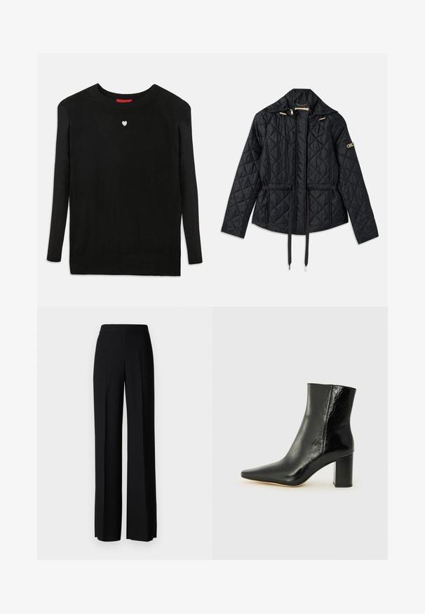 Črna prešita jakna s kapuco, ki ima ožji pas, dve sprednji žep, zlate detajle in vrvice za prilagajanje.; Črna pletena jopica z dolgimi rokavi, okroglim izrezom in majhno belo srce na prsih. Mehak tekstura ter rebrasti manšeti in spodnji del.; Črne široke hlače z gladko teksturo, z visokim pasom in središnjimi pregibi. Brez vidnih vzorcev ali kovinskih detajlov.; Črne gležnjarje iz sijoče usnje s koničastim nosom in masivnim kvadratnim peto. Imajo gladko teksturo in minimalističen dizajn.