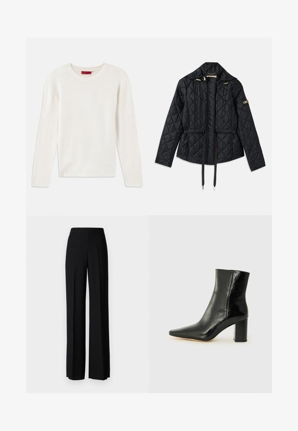 Juodas pagalvėlėmis siūtas džemperis su kapišonu, turintis susitraukiančią juosmenį, dvi priekinės kišenes, auksinius akcentus ir raištelius reguliavimui.; Kreminės spalvos ilgomis rankovėmis megztinis su apvaliu kaklu, su raukšlėmis ant rankovių ir apačios, padėtas ant balto fono.; Juodi platūs kelnių kelnės su lygiu paviršiumi, turinčios aukštą liemenį ir centrinės raukšlės. Nėra matomų raštų ar metalinių detalių.; Juodos kulkšninių botai, pagaminti iš blizgaus odos, su smailiu nosiu ir storo kvadratinio kulno. Išsiskiria lygiu paviršiumi ir minimalizmo stiliumi.