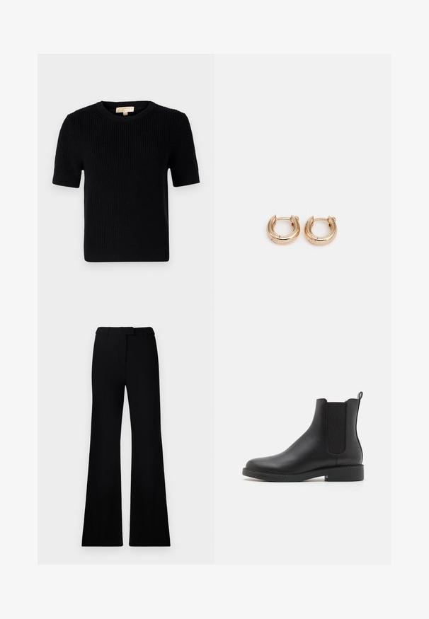 Mustan tikatun takin, jossa on huppu, vyötärö on kiristetty, edessä on kaksi taskua, kultaiset metalliosat ja säätönyörit.; Mustapuhainen lyhythihainen neulepaita, jossa on pyöreä pääntie. Ominaisuuksina ribbikuviointi ja suorana leikattu helma. Tunnistesignaali sisäkauluksessa.; Mustat levenevät housut, joissa on sileä pinta, muotoiltu vyötärö ja etutaskut, jotka on suunniteltu nykyaikaiseen ja sulavaan siluettiin.; Musta nahkainen nilkkuri, jossa on joustavat sivupaneelit, pyöreä kärki, matala lohko korko ja vetoketju takana, joka helpottaa pukeutumista.; Kultaiset renkaat korvakorut kiiltävällä pinnalla, joissa on paksu, pyöreä muotoilu ja turvallinen sulkemismekanismi. Sujuva rakenne ja kiiltävä ulkonäkö.