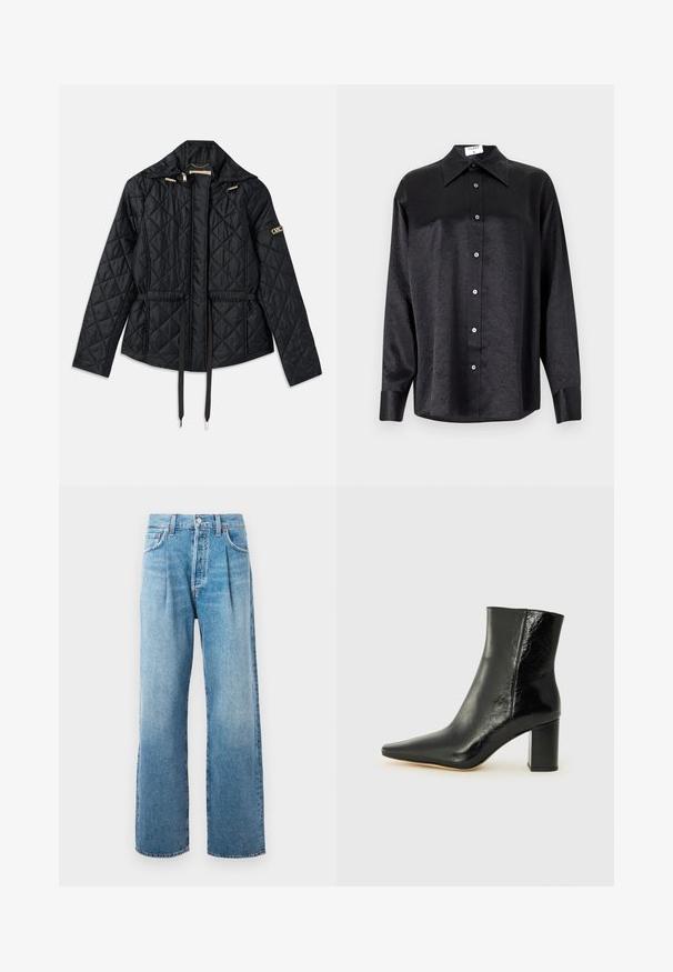 Svart quiltet jakke med hette, med innsnevret liv, to frontlommer, gullfarget hardware og snor for justering.; Svart langermet skjorte med krage, som har en rynket tekstur, fullt knappet front og mansjetter. Laget av et glatt stoff.; Lyseblå høy midje rette jeans med frontfolder, fem lommer, knappelukking og synlig søm på hvit bakgrunn.; Svart ankelstøvel laget av blankt lær med spiss tå og en robust, firkantet hæl. Har en glatt tekstur og en minimalistisk design.