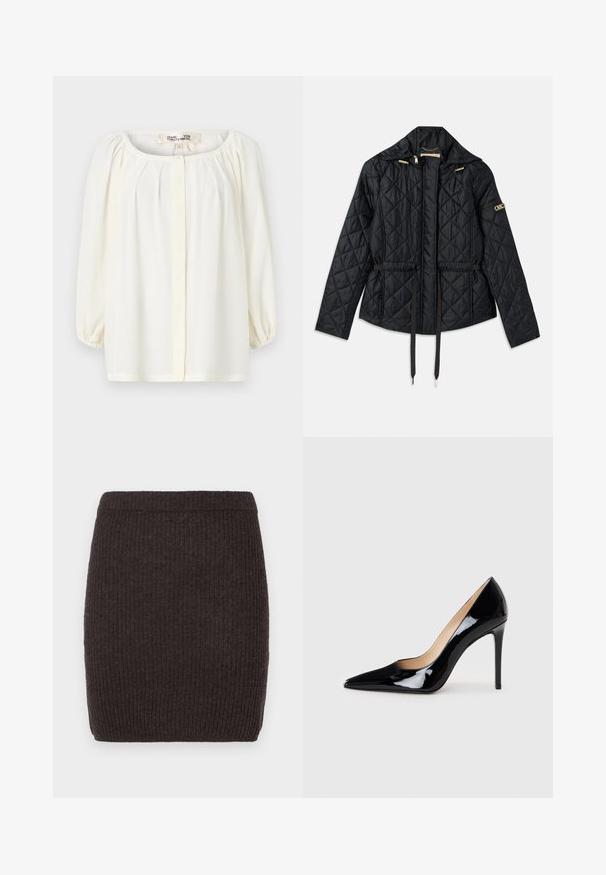 Chaqueta negra acolchada con capucha, que cuenta con una cintura ajustada, dos bolsillos frontales, detalles en dorado y cordones para ajuste.; Blusa blanca con escote redondeado, delantero plisado y mangas abullonadas de tres cuartos. Hecha de una tela ligera con una textura suave.; Falda de punto canalé marrón oscuro con un diseño ajustado y cinturilla elástica, que presenta una textura suave y sin patrones o acentos visibles.; Zapato de tacón alto de charol negro con un diseño de punta afilada y una silueta elegante. Presenta un acabado suave y brillante y un tacón de aguja esbelto.