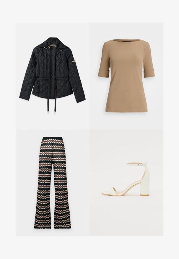 Črna prešita jakna s kapuco, ki ima ožji pas, dve sprednji žep, zlate detajle in vrvice za prilagajanje.; Bež majica s kratkimi rokavi in okroglim izrezom, z zavitimi manšetami in gladko teksturo. Majhen logotip ob spodnjem robu.; Pletene hlače s potiskom valov v črni, beli in rjavi barvi. Imajo teksturiran zaključek in elastičen pas.; Bela usnjena sandala z blok peto, ki ima zanko okoli gležnja s sponko in minimalističen dizajn. Odkrit prst in gladke teksture po vsej površini.