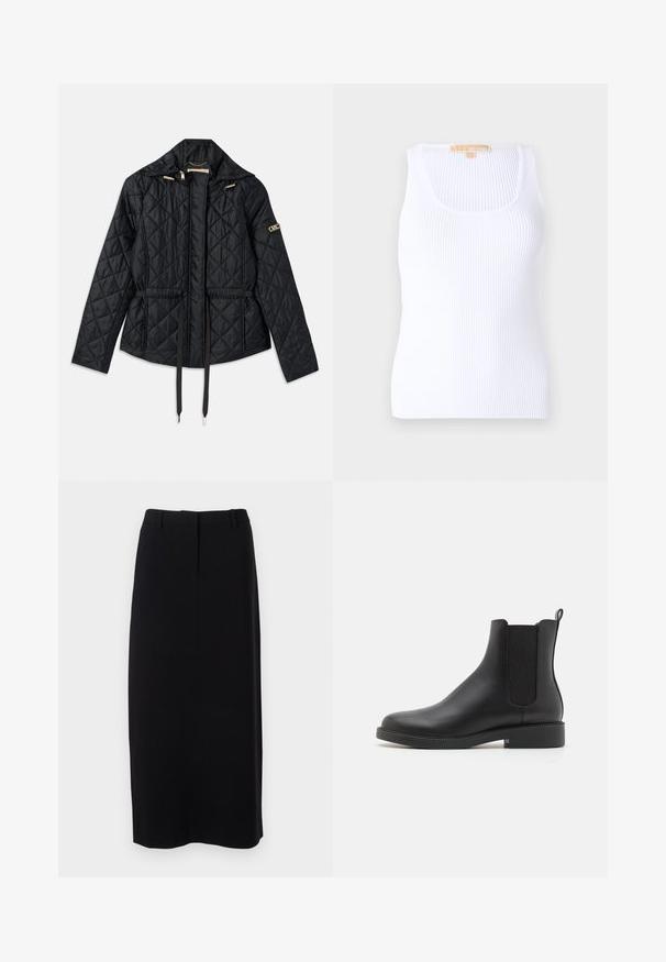 Melnā quiltota jaka ar kapuci, ar sašaurinātu jostasvietu, divām priekšējām kabatām, zelta aksesuāriem un regulējamām auklām.; Balts ribots topiņš ar izgriezumu, izgatavots no mīkstas materiāla. Dizains iekļauj pieguļošu formu un smalku tekstūru visā audumā.; Melnā, līdz ceļiem garā zīda svārki, kas izgatavoti no gludas auduma ar pieguļošu jostasvietu, ar smalkām priekšējām krokām un bez redzamām aizdaru detaļām.; Melna ādas potītes zābaks ar elastīgiem sānu paneļiem, noapaļota purngala, zemu blokveida papēdi un cilpu aizmugurē, kas atvieglo uzvilkšanu.