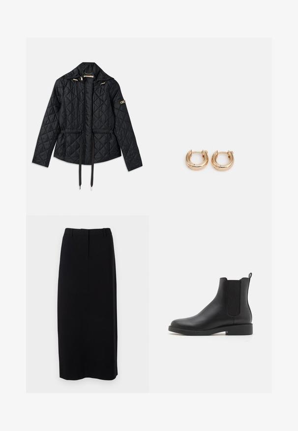 Mustan tikatun takin, jossa on huppu, vyötärö on kiristetty, edessä on kaksi taskua, kultaiset metalliosat ja säätönyörit.; Valkoinen ribattu hihaton toppi, jossa on pyöreä pääntie, valmistettu pehmeästä materiaalista. Muotoilu sisältää istuvan leikkauksen ja hienovaraisen tekstuurin kangasta pitkin.; Mustaväri, polvenpituinen kynähame, joka on valmistettu sileästä kankaasta. Hameessa on istuva vyötärö ja hienovaraiset etupurjeet, eikä näkyviä sulkimia.; Musta nahkainen nilkkuri, jossa on joustavat sivupaneelit, pyöreä kärki, matala lohko korko ja vetoketju takana, joka helpottaa pukeutumista.; Kultaiset renkaat korvakorut kiiltävällä pinnalla, joissa on paksu, pyöreä muotoilu ja turvallinen sulkemismekanismi. Sujuva rakenne ja kiiltävä ulkonäkö.