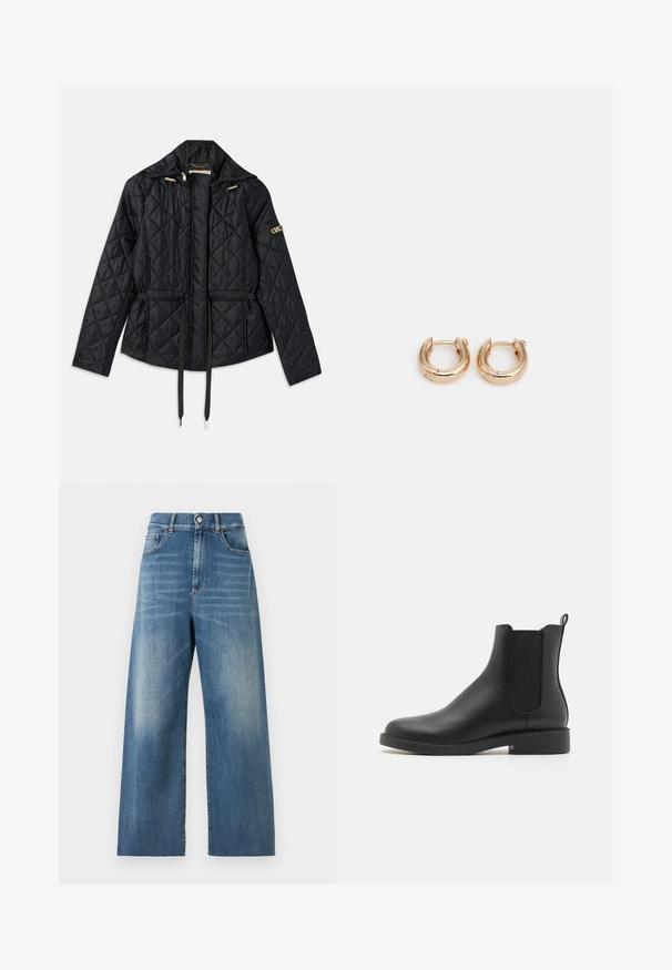 Giacca nera trapuntata con cappuccio, caratterizzata da una vita stretta, due tasche frontali, dettagli in hardware dorato e coulisse per la regolazione.; Top in jersey bianco con scollo a barca, realizzato in materiale morbido. Il design presenta una forma aderente e una sottile texture su tutta la stoffa.; Jeans a vita alta e gamba larga realizzati in denim blu con una finitura sbiadita. Presentano tasche frontali e una chiusura con un singolo bottone.; Stivale alla caviglia in pelle nera con pannelli laterali elasticizzati, punta arrotondata, tacco basso a blocco e un laccio sul retro per una facile calzata.; Orecchini a cerchio in oro con una finitura lucida, caratterizzati da un design circolare spesso e un meccanismo di chiusura sicuro. Texture liscia e aspetto brillante.