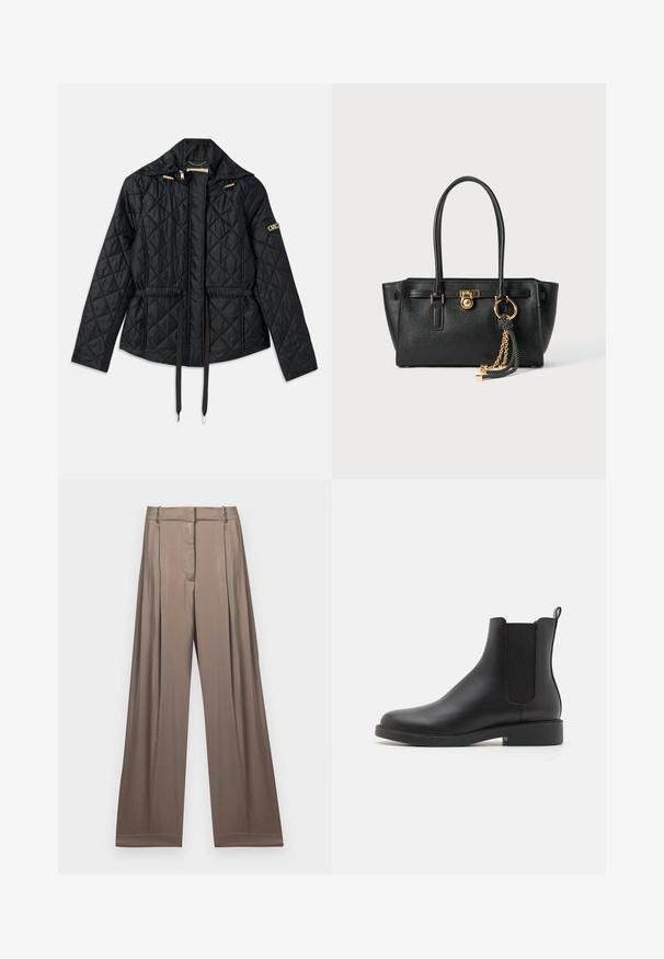 Mustan tikatun takin, jossa on huppu, vyötärö on kiristetty, edessä on kaksi taskua, kultaiset metalliosat ja säätönyörit.; Lyhythihainen valkoinen t-paita pehmeää kangasta, jossa on pyöreä pääntie ja ribbireunat. Yksinkertainen ja ilman koristeita oleva malli.; Avokelevyyslaitokset vaaleassa taupe-värissä, valmistettu sileästä kankaasta, jossa on satiinimainen pinta. Ominaisuuksiin kuuluu räätälöity vyötäröosa ja hienovaraiset laskokset.; Musta nahkainen nilkkuri, jossa on joustavat sivupaneelit, pyöreä kärki, matala lohko korko ja vetoketju takana, joka helpottaa pukeutumista.; Musta nahkainen käsilaukku, jossa on kaksinkertaiset kahvat, kultainen lukko ja ketjuyksityiskohta, sekä musta-valkoinen tupsu koriste, valkoista taustaa vasten.; Kultaiset renkaat korvakorut kiiltävällä pinnalla, joissa on paksu, pyöreä muotoilu ja turvallinen sulkemismekanismi. Sujuva rakenne ja kiiltävä ulkonäkö.