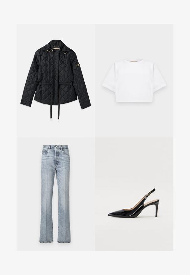 Black quilted jacket with a hood, featuring a cinched waist, two front pockets, gold hardware accents, and drawstrings for adjustment.; Cropped white t-shirt made of soft fabric, featuring short sleeves, a round neckline, and ribbed hem details. Simple and unembellished design.; Light blue denim jeans with a flared leg design, high waist, front pockets, and subtle fading. Standard button and zip closure.; Black patent leather slingback pump with pointed toe, slim heel, and a subtle cutout design. Features a gold buckle on the strap.