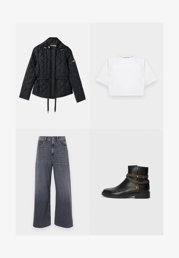 Svart vadderad jacka med huva, som har smalnad midja, två framfickor, gyllene detaljer och dragsko för justering.; Klippt vit t-shirt tillverkad av mjukt tyg, med korta ärmar, rund halsringning och ribbade kantdetaljer. Enkel och utan prål design.; Breda byxor i mörkgrå denim med hög midja, med knappstängning, bälteshällor och framfickor. Slät textur och ren finish.; Svart läderankelboot med platt sula, med ett brunt mönstrat rem och detalj i guldton. Slät yta.
