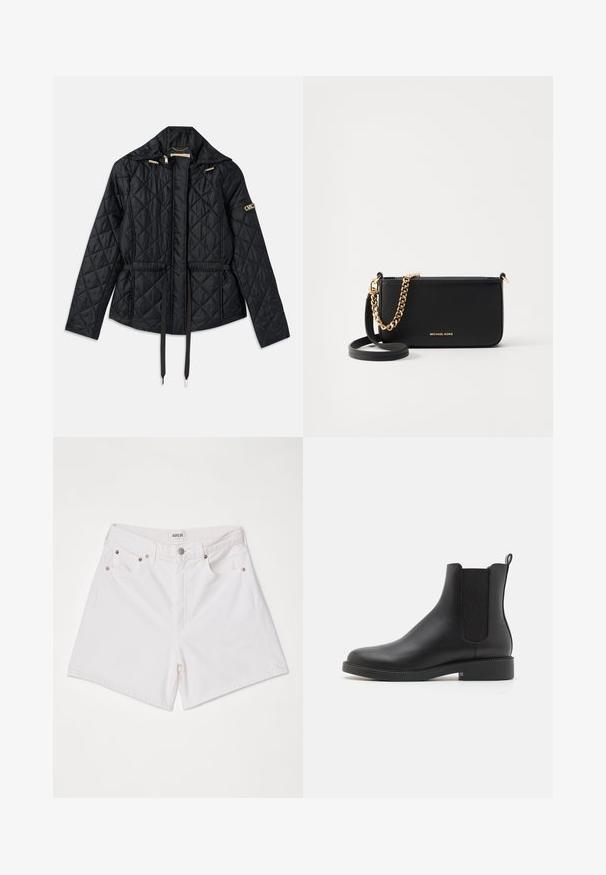 Melnā quiltota jaka ar kapuci, ar sašaurinātu jostasvietu, divām priekšējām kabatām, zelta aksesuāriem un regulējamām auklām.; Melnā kokvilnas t-krekls ar īsām piedurknēm, apaļu kaklu un mazu baltu logo apakšējā kreisajā stūrī. Klasisks, taisnstūrveida piegriezums ar minimālu detaļu skaitu.; Agolde STELLA - Džinsa auduma šorti - fortune cookie; Melna ādas potītes zābaks ar elastīgiem sānu paneļiem, noapaļota purngala, zemu blokveida papēdi un cilpu aizmugurē, kas atvieglo uzvilkšanu.; Melnas ādas rokassomā ar zelta ķēdes akcentiem, gluda tekstūra un zelta logotipa noformējums. Iekļauta regulējama siksna daudzpusīgai valkāšanai.; Zelta auskari ar pulētu virsmu, ar biezu, apaļu dizainu un drošu aizvēršanas mehānismu. Gluda tekstūra un spīdīga izskats.