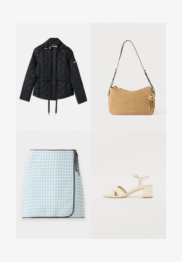 Melnā quiltota jaka ar kapuci, ar sašaurinātu jostasvietu, divām priekšējām kabatām, zelta aksesuāriem un regulējamām auklām.; Balta bez piedurknēm topa, izgatavots no gludas auduma, ar apaļu kakla izgriezumu un smalkām krokām uz pleciem, ar izliekta apakšmalu.; Gaismas zilā un baltā pārbaudītā raksta ieņemta svārku, kas izceļas ar mīkstu tekstūru un kontrastējošiem tumšiem apdari. Sānos ir saišu aizdare.; Bežīgi patentēti ādas sandalītes ar krustenisku siksnu dizainu, atvērtu pirkstu, regulējamu potītes siksnu un bloku papēdi. Gluda tekstūra.; Bēšs zamšas pleca soma ar izliekta formu, zelta aksesuāriem un ar rāvējslēdzēju aizdari. Iespējamā piekārta piekariņš ar iniciāļiem "MK."