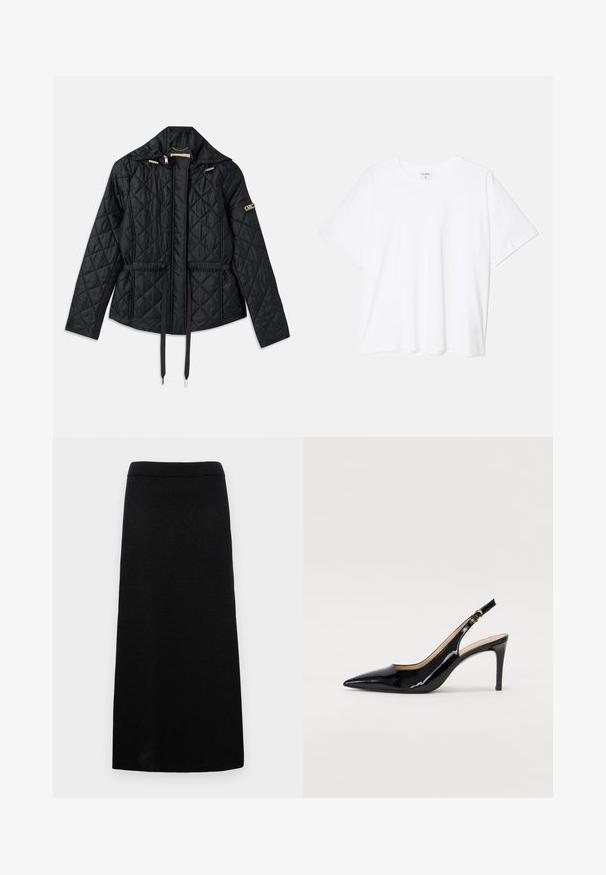 Black quilted jacket with a hood, featuring a cinched waist, two front pockets, gold hardware accents, and drawstrings for adjustment.; White cotton t-shirt with short sleeves, round neckline, relaxed fit, and stitched hem. Label visible on the inside neck.; Black knit skirt with a long, straight silhouette. Features a ribbed texture, wide waistband, and no visible patterns or accents.; Black patent leather slingback pump with pointed toe, slim heel, and a subtle cutout design. Features a gold buckle on the strap.