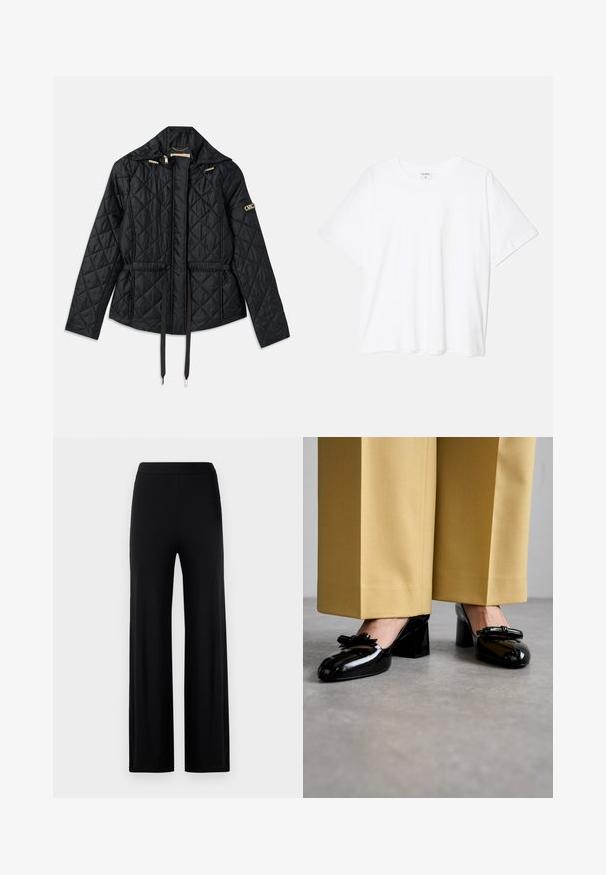 Czarna pikowana kurtka z kapturem, z wąskim pasem, dwoma przednimi kieszeniami, złotymi detalami oraz sznurkami do regulacji.; Biała bawełniana koszulka z krótkim rękawem, okrągłym dekoltem, luźnym krojem i przeszytym brzegiem. Metka widoczna wewnątrz dekoltu.; Czarne szerokie spodnie wykonane z gładkiego, elastycznego materiału. Posiadają elastyczny pas i brak widocznych zapięć lub kieszeni.; Stuart Weitzman FELICITY czarny