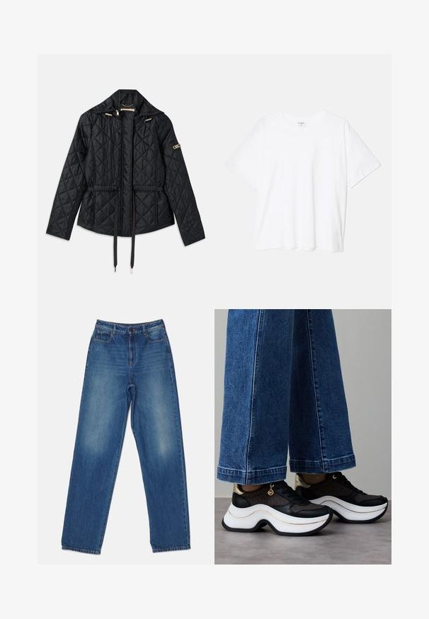 Svart quiltet jakke med hette, med innsnevret liv, to frontlommer, gullfarget hardware og snor for justering.; Hvit bomulls t-skjorte med korte ermer, rund hals, avslappet passform og sydd kant. Merke synlig på innsiden av halsen.; Blå denimbukser med rett ben-design, fem lommer og subtile falminger på fronten. Sydd sømmer og knappelukking.; Svarte og gullfargede sneakers med buet hvit såle. Strukturert stoff med logodetaljer. Kombinert med vide blå denimbukser.
