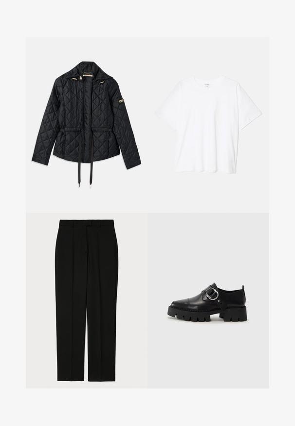 Črna prešita jakna s kapuco, ki ima ožji pas, dve sprednji žep, zlate detajle in vrvice za prilagajanje.; Bela bombažna majica s kratkimi rokavi, okroglim izrezom, sproščenim krojem in šivanim robom. Oznaka vidna na notranji strani izreza.; Črne hlače iz gladkega blaga, z ravnim krojem, dvema sprednjima gube ter tradicionalnim pasom z zankami za pas.; Črne usnjene čevlje z debelim, rebrastim podplatom, ki imajo okroglo srebrno kovinsko dodatno opremo in minimalne šive.