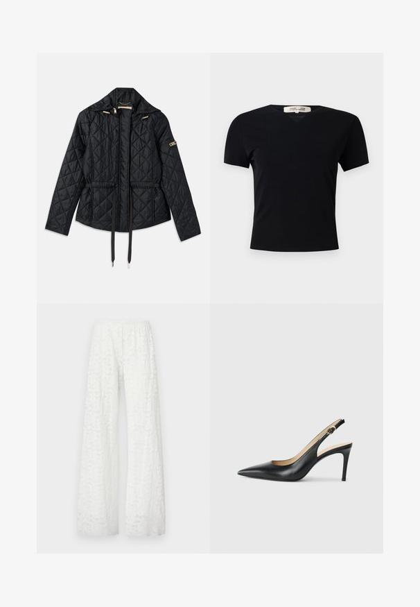 Mustmust õmmeldud jope kapuutsiga, millel on kitsenev vöökoht, kaks esikotina, kuldsed detailid ja reguleeritavad nööbid.; Must t-särk lühikeste varrukatega ja V-kaelusega, valmistatud siledast ja venivast kangast. Omab lihtsat ja klassikalist siluetti, millel puuduvad kaunistused.; Valge laia jala püksid, millel on elastne vöökoht, kaunistatud tekstuurse lillemustriga kogu kangas.; Mustad nahast seljataga kõrged kontsad, kellel on terav varvas, reguleeritav rihm ja sujuva viimistlusega stiilne stiletto konts.