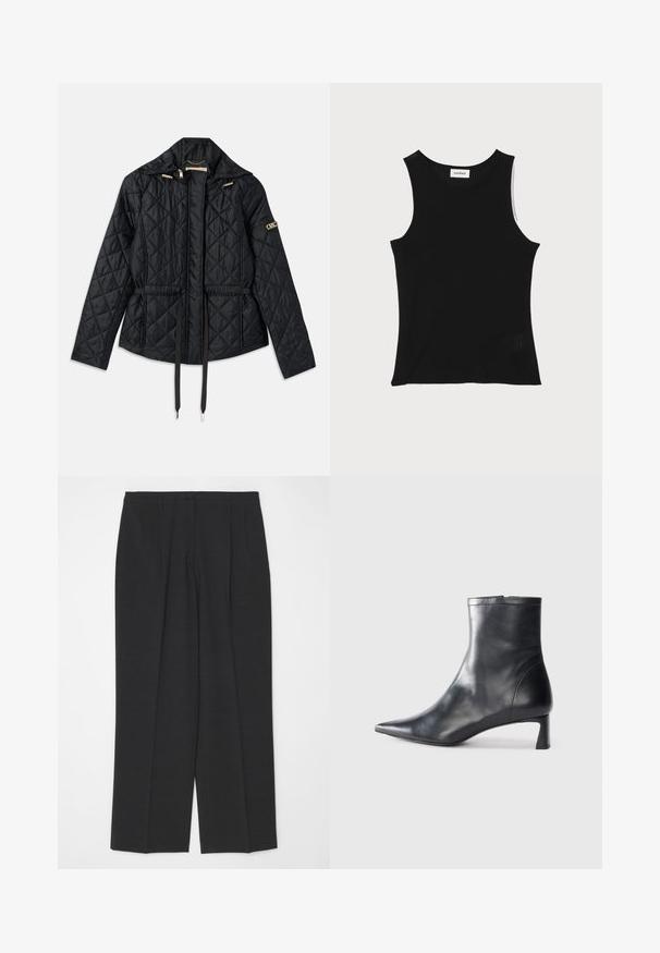 Giacca nera trapuntata con cappuccio, caratterizzata da una vita stretta, due tasche frontali, dettagli in hardware dorato e coulisse per la regolazione.; Top da donna nero a coste con scollatura rotonda e spalline larghe, dotato di una finitura testurizzata sottile e di un piccolo dettaglio in mesh all'orlo.; Pantaloni tailored grigi scuri con taglio dritto, caratterizzati da una chiusura con un singolo bottone e due pieghe frontali, texture liscia e senza decorazioni.; Stivaletto in pelle nera con punta affusolata e design elegante. Presenta un tacco basso e una chiusura con zip sul retro. Texture liscia.
