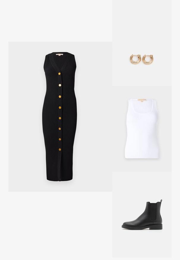 Schwarze gesteppte Jacke mit Kapuze, mit tailliertem Schnitt, zwei Fronttaschen, goldenen Hardware-Akzenten und verstellbaren Kordeln.; Weißes geripptes Trägershirt mit U-Ausschnitt, aus weichem Material gefertigt. Das Design zeichnet sich durch eine taillierte Form und eine subtile Textur im gesamten Stoff aus.; Schwarzes geripptes Strickkleid mit V-Ausschnitt, ärmellosem Design und goldfarbenen Knöpfen auf der Vorderseite, das eine figurbetonte Silhouette bietet.; Schwarze Lederknöchelstiefel mit elastischen seitlichen Einsätzen, runder Spitze, niedrigem Blockabsatz und einer Schlaufe an der Rückseite für einfaches Anziehen.; Goldene Creolen mit polierter Oberfläche, die ein dickes, rundes Design aufweisen und über einen sicheren Verschlussmechanismus verfügen. Glatte Textur und glänzendes Aussehen.