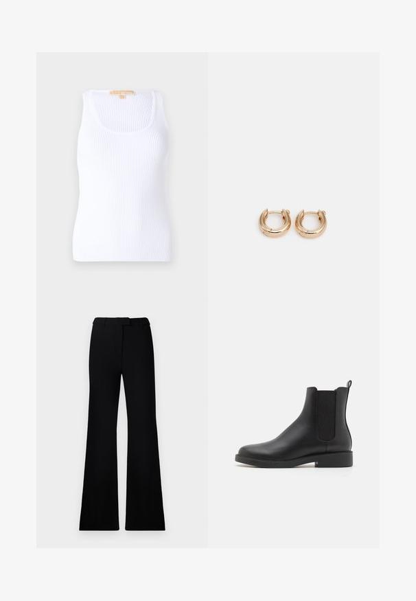 Mustan tikatun takin, jossa on huppu, vyötärö on kiristetty, edessä on kaksi taskua, kultaiset metalliosat ja säätönyörit.; Valkoinen ribattu hihaton toppi, jossa on pyöreä pääntie, valmistettu pehmeästä materiaalista. Muotoilu sisältää istuvan leikkauksen ja hienovaraisen tekstuurin kangasta pitkin.; Mustat levenevät housut, joissa on sileä pinta, muotoiltu vyötärö ja etutaskut, jotka on suunniteltu nykyaikaiseen ja sulavaan siluettiin.; Musta nahkainen nilkkuri, jossa on joustavat sivupaneelit, pyöreä kärki, matala lohko korko ja vetoketju takana, joka helpottaa pukeutumista.; Kultaiset renkaat korvakorut kiiltävällä pinnalla, joissa on paksu, pyöreä muotoilu ja turvallinen sulkemismekanismi. Sujuva rakenne ja kiiltävä ulkonäkö.