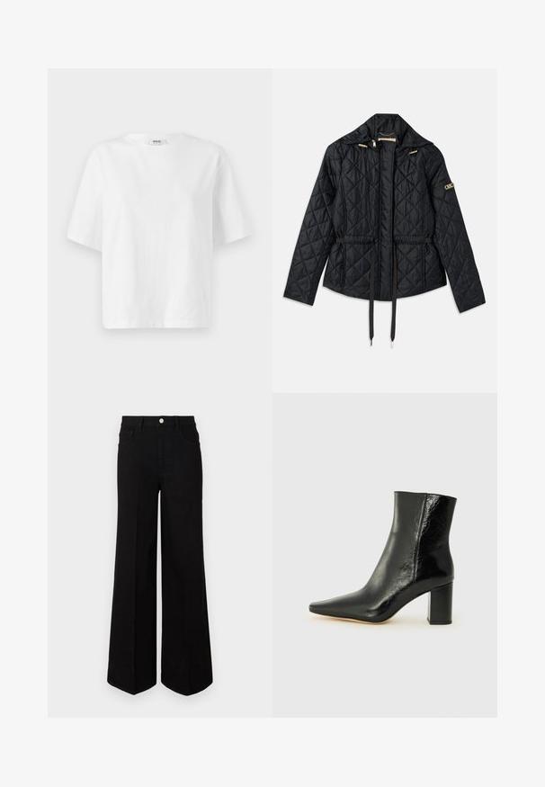 Svart quiltet jakke med hette, med innsnevret liv, to frontlommer, gullfarget hardware og snor for justering.; Hvit kortermet t-skjorte laget av bomull, med rund halslinning og en løs, boxy passform med minimale sømdetaljer.; Sorte viddejeans laget av robust stoff, med høyt liv, frontlommer og knappelukking foran. Flat kant nederst.; Svart ankelstøvel laget av blankt lær med spiss tå og en robust, firkantet hæl. Har en glatt tekstur og en minimalistisk design.