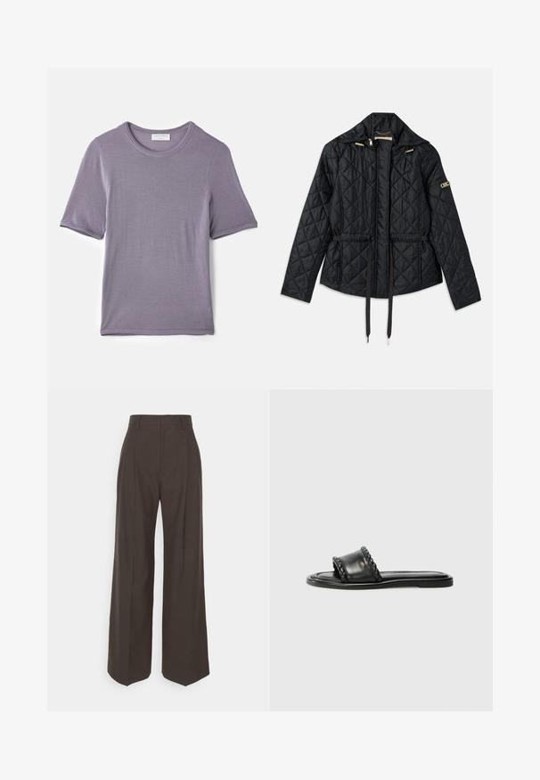 Casaco acolchoado preto com capuz, apresentando uma cintura ajustada, dois bolsos frontais, pormenores em dourado e cordões para ajuste.; T-shirt roxa de mangas curtas feita de um tecido suave, com um decote redondo e uma bainha reta, apresentando uma textura lisa e sem padrões visíveis.; Calças largas castanhas escuras com cintura alta, apresentando pregas bem vincadas, textura suave e um corte ajustado.; Sandal preto em couro com detalhe de fita trançada, sola plana e design elegante. Textura suave e perfil minimalista.