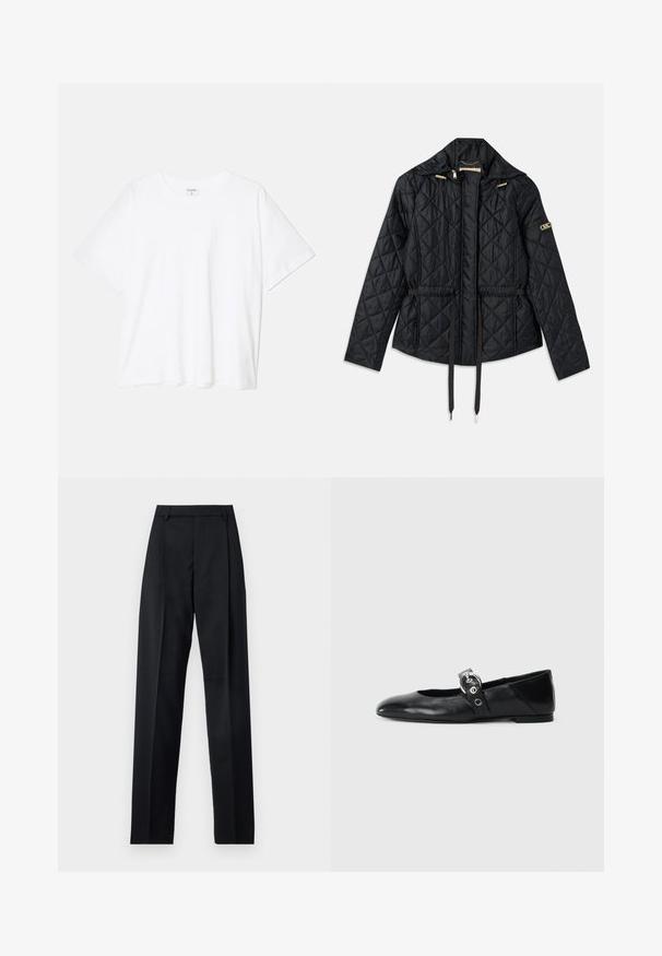 Schwarze gesteppte Jacke mit Kapuze, mit tailliertem Schnitt, zwei Fronttaschen, goldenen Hardware-Akzenten und verstellbaren Kordeln.; Weißes Baumwoll-T-Shirt mit kurzen Ärmeln, runder Halslinie, lockerer Passform und genähtem Saum. Etikett sichtbar am inneren Kragen.; Schwarze Hosen aus glattem Stoff mit hoher Taille, weitem Bein, vorderen Falten und klassischen Gürtelschlaufen. Keine sichtbaren Seitentaschen.; Schwarze Ballettflat mit spitzer Spitze, ausgestattet mit einem Riemen und einer runden, metallischen Schnalle sowie einer flachen Sohle.