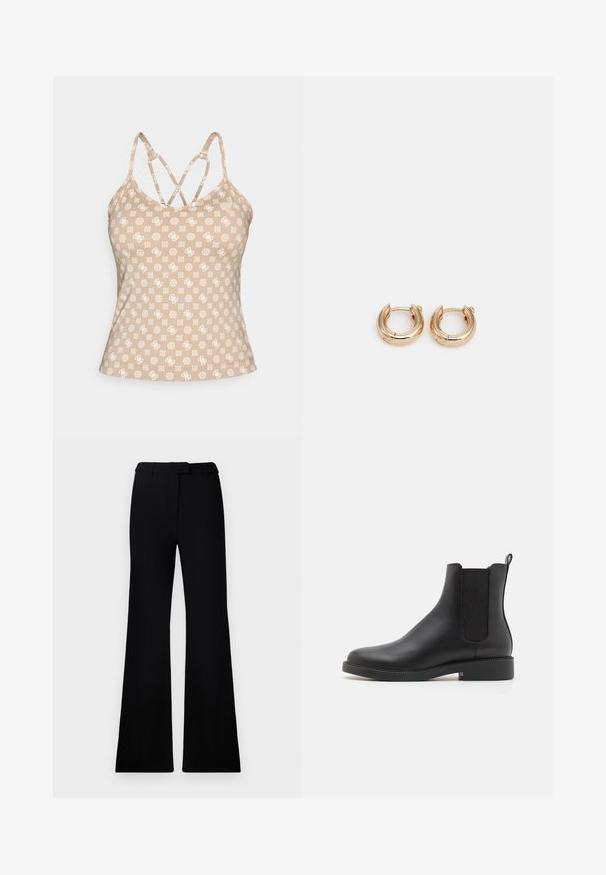 Juodas pagalvėlėmis siūtas džemperis su kapišonu, turintis susitraukiančią juosmenį, dvi priekinės kišenes, auksinius akcentus ir raištelius reguliavimui.; Bežinė liemenė su baltomis pasikartojančiomis geometrinėmis raštais. Turi reguliuojamus kryžminius petnešėlius ir prigludusį dizainą. Lygi tekstūra.; Juodos platėjančios kelnės su lygiu paviršiumi, pritaikyta juosmeniu ir priekinių kišenių dizainu, sukurtos su modernia, elegantiška siluetu.; Juodos odinės kulkšninių batų su elastinėmis šoninėmis juostomis, suapvalintu pirštu, žemu blokiniu kulnu ir vilkimo juostele gale, kad būtų patogu užsisegti.; Auksiniai auskarai-žiedai su poliruota danga, pasižymintys storu, apvaliu dizainu ir saugiu uždarymo mechanizmu. Lygus paviršius ir blizganti išvaizda.