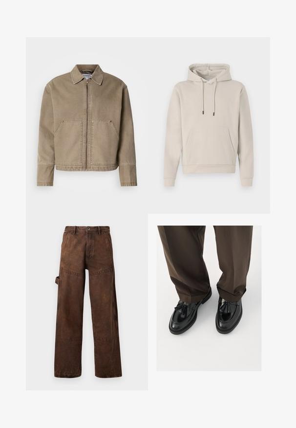 Kaki bomullsjacka med dragkedja framtill, spetsig krage, två stora framfickor och sömmar med stickningar på kanter och sömmar.; Huvtröja i ljusbeige, med en framficka, dragsko och ribbade muddar. Tillverkad av mjukt, slätt tyg med en avslappnad passform.; Bruna arbetsbyxor med rak benpassform, verktygslång ficka på sidan, bältesöglor och knäppning i midjan.; Svarta läderloafers med rund tå, dekorativa fransar och texturerad söm, ihop med bruna, något löst sittande byxor.