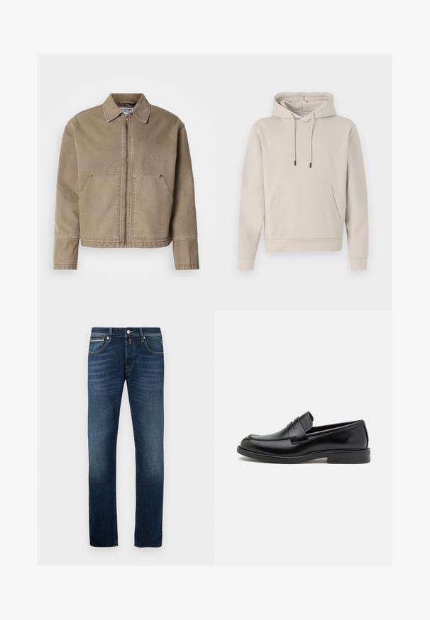 Kakė medvilnės striukė su užtrauktuku priekyje, smailiu apykakliu, dviem didelėm priekinių kišenių ir siuvinėjimu kraštuose bei siūlėse.; Šviesiai kreminės spalvos su gobtuvu megztinis su priekiu kišene, raišteliais ir banguotomis rankovėmis. Pagamintas iš minkštos, lygios medžiagos su laisvu siluetu.; Tamsiai mėlynos tiesaus silueto džinsai su nedideliu nudėvėjimu ant šlaunų, penkios kišenės ir metalinis mygtuko užsegimas juosmens srityje.; Juodi odiniai loaferiai su apvaliu pirštu, siuvinėtomis detalėmis per vampą ir plokščiu kaučiukiniais padais geresniam sukibimui. Visas paviršius lygus.