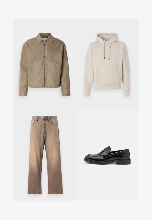 Veste en coton kaki avec fermeture éclair à l'avant, col pointu, deux grandes poches avant et des coutures décoratives sur les bords et les coutures.; Sweat-shirt à capuche beige clair, avec une poche avant, des cordons de serrage et des poignets côtelés. Fabriqué en tissu doux et lisse avec une coupe décontractée.; Jean large en dégradé marron, arborant un design classique à cinq poches, des passants de ceinture et des coutures contrastées sur une texture en denim lisse.; Mocassins en cuir noir avec un bout arrondi, des détails cousus sur le cou-de-pied et une semelle en caoutchouc plate pour l'adhérence. Texture lisse dans l'ensemble.