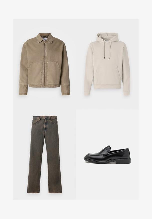 Khaki bavlnená bunda so zipsom na prednej strane, s vyvýšeným golierom, dvoma veľkými prednými vreckami a šitím na okrajoch a švoch.; Mikina s kapucňou vo svetlej béžovej farbe, s prednou kapsou, šnúrkami a ribovanými manžetami. Vyrobená z mäkkého, hladkého materiálu s voľným strihom.; Hnedé rovné džíny s pr frontovými vreckami, gombíkovým zapínaním a poutkami na opasok, zobrazené na bielom pozadí.; Čierne kožené mokasíny s zaoblenou špičkou, šitým detailom na vampi a plochou gumovou podrážkou pre lepšiu trakciu. Hladká textúra po celom povrchu.
