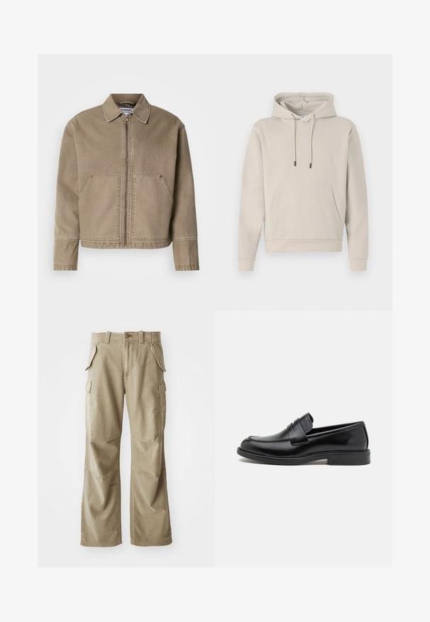 Kaki bomullsjacka med dragkedja framtill, spetsig krage, två stora framfickor och sömmar med stickningar på kanter och sömmar.; Huvtröja i ljusbeige, med en framficka, dragsko och ribbade muddar. Tillverkad av mjukt, slätt tyg med en avslappnad passform.; Beiga cargobyxor tillverkade av hållbart tyg, med en avslappnad passform, flera sidfickor och förstärkta knän. Platt framdesign.; Svarta läderloafers med rund tå, sömnadsdetalj över framfoten och en platt gummisula för bra grepp. Slät yta genomgående.