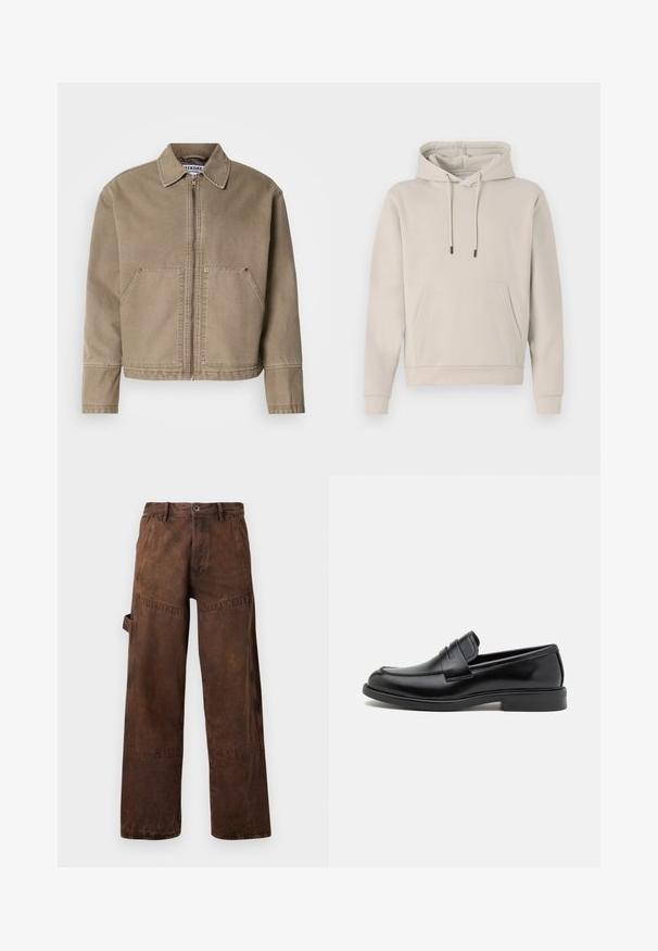 Casaco de algodão cáqui com fecho éclair à frente, colarinho pontudo, dois grandes bolsos frontais e detalhes em costura nas bordas e costuras.; Sweatshirt com capuz em bege claro, apresentando um bolso frontal, cordões e punhos canelados. Feito de um tecido suave e liso com um ajuste descontraído.; Calças de trabalho castanhas de perna reta com bolso utilitário lateral, passantes para cinto e fecho de botão na cintura.; Sapatos de couro preto tipo mocassins com bico arredondado, detalhe costurado na pala e sola de borracha plana para tração. Textura suave por todo o sapato.