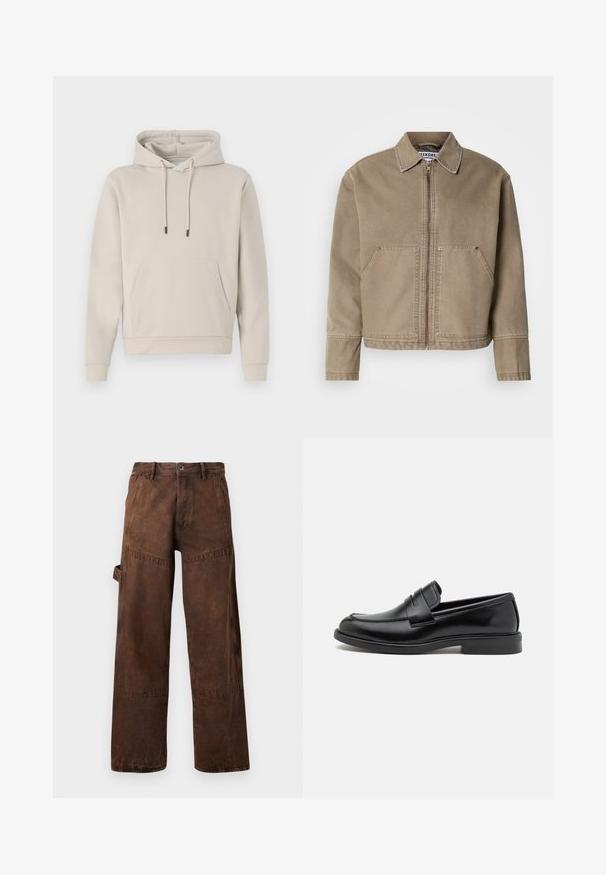 Veste en coton kaki avec fermeture éclair à l'avant, col pointu, deux grandes poches avant et des coutures décoratives sur les bords et les coutures.; Sweat-shirt à capuche beige clair, avec une poche avant, des cordons de serrage et des poignets côtelés. Fabriqué en tissu doux et lisse avec une coupe décontractée.; Pantalons de travail marron à jambes droites avec poche utilitaire sur le côté, passants de ceinture et fermeture à bouton à la taille.; Mocassins en cuir noir avec un bout arrondi, des détails cousus sur le cou-de-pied et une semelle en caoutchouc plate pour l'adhérence. Texture lisse dans l'ensemble.