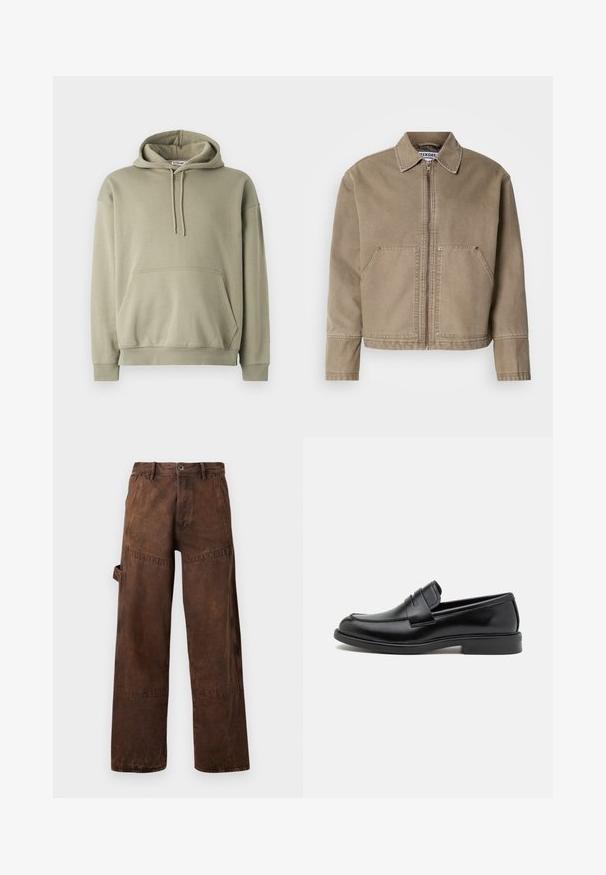 Khaki bavlnená bunda so zipsom na prednej strane, s vyvýšeným golierom, dvoma veľkými prednými vreckami a šitím na okrajoch a švoch.; Olivovo zelená mikina vyrobená z jemného zmesi bavlny, s predným vreckom, kapucňou na šnúrku a rebrovanými manžetami a lemom. Jednoduchý, uvoľnený dizajn.; Hnedé rovné pracovné nohavice s úžitkovou vreckom na boku, pútkami na opasok a gombíkovým zapínaním v páse.; Čierne kožené mokasíny s zaoblenou špičkou, šitým detailom na vampi a plochou gumovou podrážkou pre lepšiu trakciu. Hladká textúra po celom povrchu.