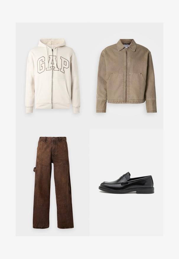Khaki bomuldsjakke med lynlås fortil, spidse krave, to store forlommer og syninger på kanter og sømme.; Beige zip-hoodie med fleeceforet hætte, snoretræk, frontlommer og store omridsede "GAP" bogstaver på brystet.; Brune arbejdsbukser med lige ben, utility-lomme på siden, bæltesløjfer og knaplukning i taljen.; Sort læderloafer med rund tå, syningdetaljer over vamps og flad gummisål for godt greb. Glat tekstur hele vejen igennem.