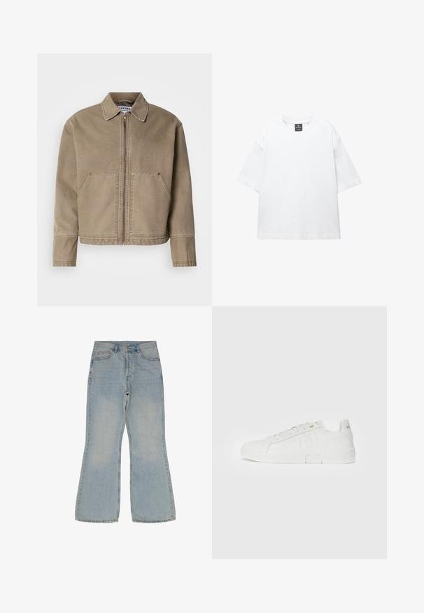 Khaki bomuldsjakke med lynlås fortil, spidse krave, to store forlommer og syninger på kanter og sømme.; Hvid kortærmet T-shirt lavet af bomuld, med rund halsudskæring og løs pasform med lige kant. Ingen mønstre eller udsmykninger.; Lyseblå, bredde jeans lavet af denim. Har fem lommer, en knaplukning og kontrastsying langs sømmene.; Replay POLYS DEBOSS - Sneakers - white