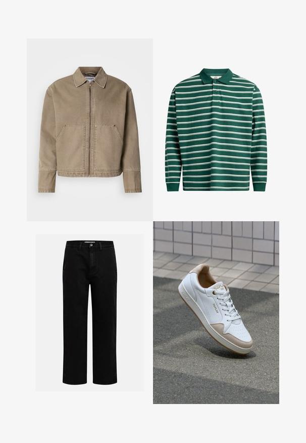 Khaki katoenen jacket met een rits aan de voorkant, een puntige kraag, twee grote voorzakken en gestikte details op de randen en naden.; Donker groene polo met lange mouwen en witte horizontale strepen. Voorzien van een klassieke kraag, een drie-knopen sluiting en ribgebreide manchetten.; Zwarte denim broeken met een rechte pijp, klassieke vijf-pocket structuur en een knoopsluiting in de taille. Glad materiaal en duurzame stof.; Witte leren sneakers met beige suede accenten, platte veters, geperforeerde neus en gouden logo-details op de tong en zijkant.