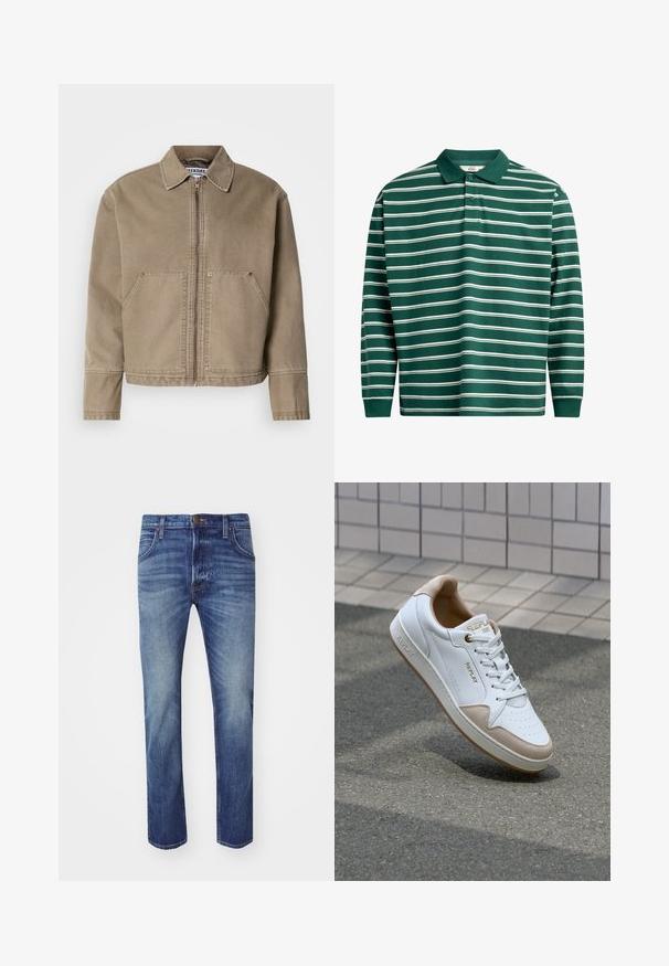 Khaki bomba iz bombažem z zadrgo na sprednji strani, koničastim ovratnikom, dvema velikima sprednjima žepoma in šivanim detajlom na robovih in šivih.; Polo majica s dolgimi rokavi v temno zeleni barvi z belimi vodoravnimi črtami. Ima klasičen ovratnik, placket s tremi gumbi in rebraste manšete.; Moške modre kavbojke s ravnim krojem, zbledelim videzom, petimi žepi in kovinskim gumbom za zapiranje.; Bela usnjena teniska obutev z bež semišnimi poudarki, ravnim vezalkami, perforiranim prednjim delom in zlatim logotipom na jezičku in strani.
