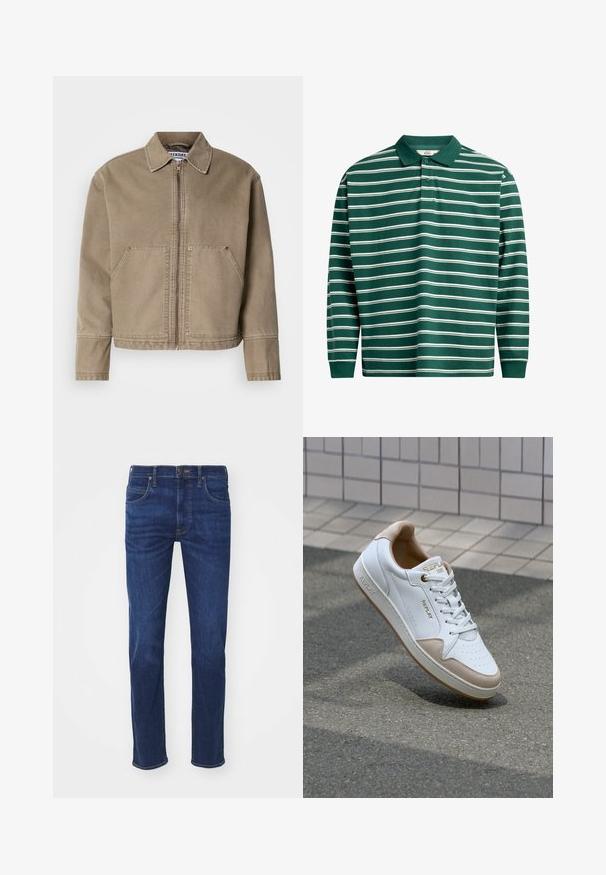 Khaki puuvillatakki vetoketjulla edessä, viisto kaulus, kaksi suurta etutaskua ja ommellut yksityiskohdat reunoissa ja saumoissa.; T-paita pitkällä hihalla tummanvihreänä, valkoisilla vaakasuorilla raidoilla. Ominaisuuksiin kuuluu klassinen kaulus, kolme nappia ja resorit hihansuissa.; Siniset farkut suoran lahkeen muotoilulla, viidellä taskulla ja nappikiinnityksellä. Kangas on sileä ja siinä on kevyttä kulumista.; Valkoiset nahkakengät, joissa on beige mokkanahka-akcentteja, litteät nauhat, reikämuotoiltu varvasosa ja kultaiset logo-yksityiskohdat kielekkeessä ja sivussa.